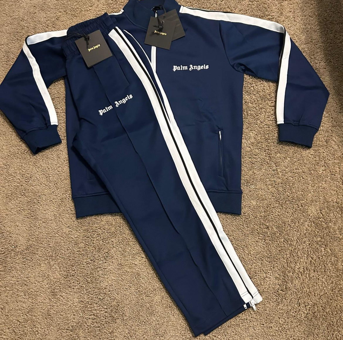Palm Angels navy blue and white tech-jersey tracksuit set