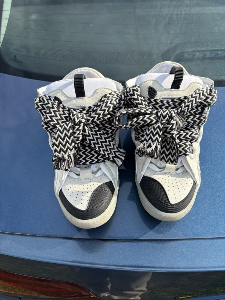 Lanvin’s White Black Lace Up Cushioned Comfort Casual Curb Sneakers