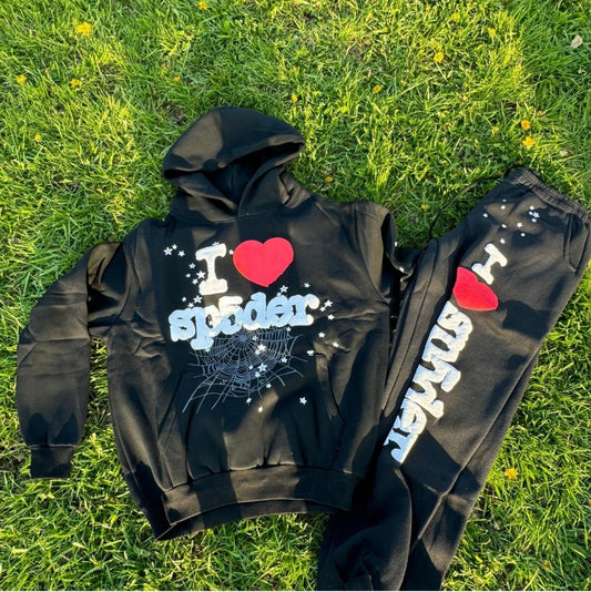 black Sp5der hoodie and sweatpants set